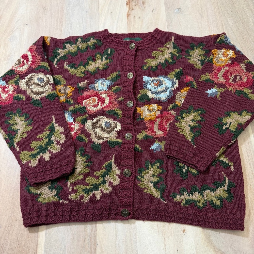 VINTAGE BUSHWACKER floral Crochet Knit Floral Grandma Cardiagn Size Medium